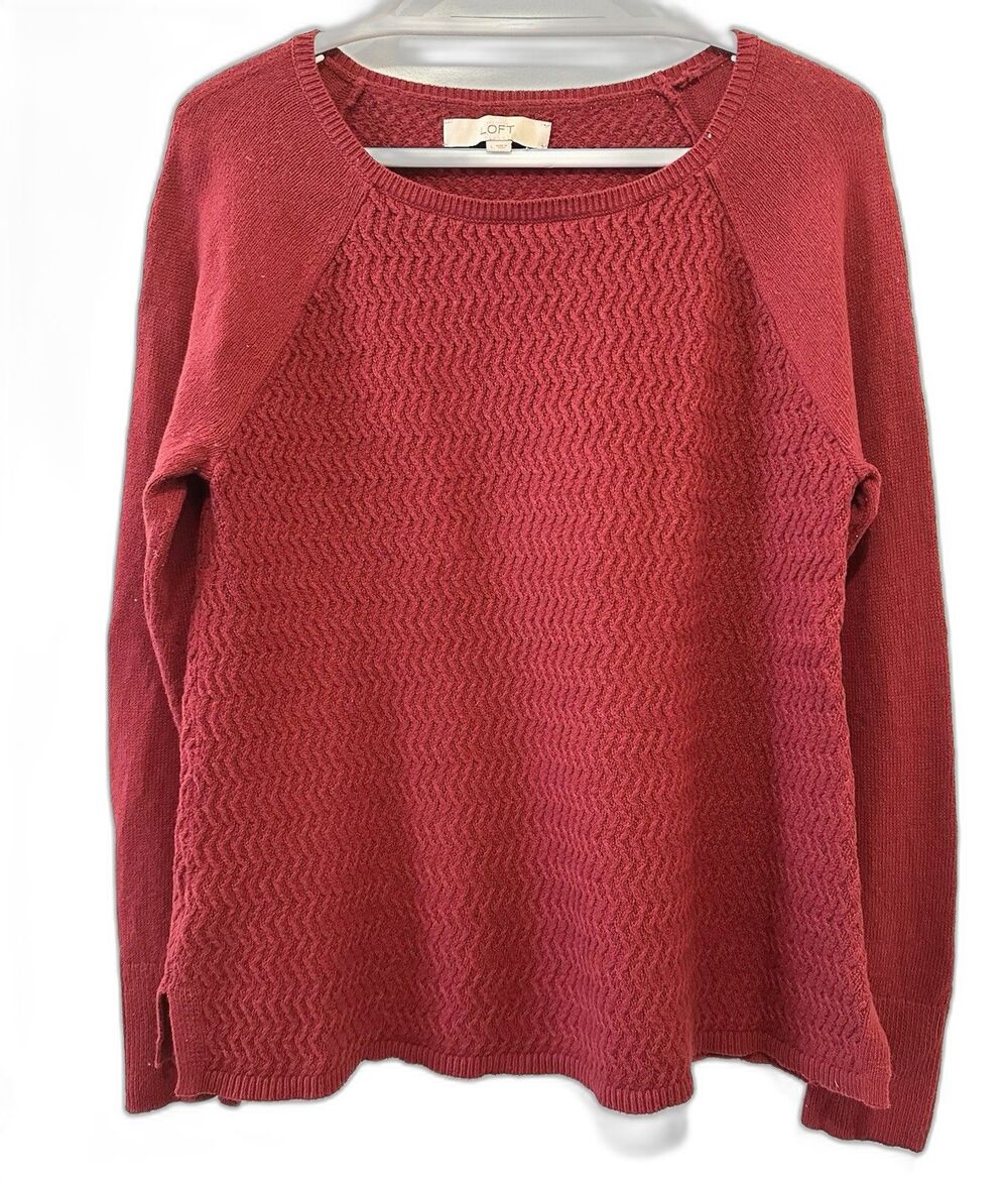 Loft Womens Sweater Red Long Sleeve Textured Pullover Wool Blend Size Large